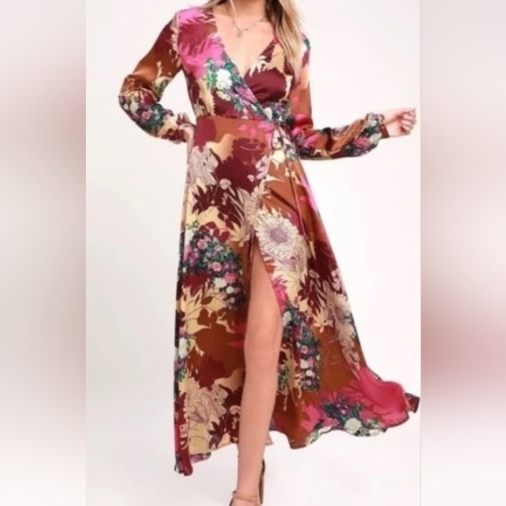 Lulus Put on a Smile Burgundy Floral Print Satin Wrap Maxi Dress Size Medium